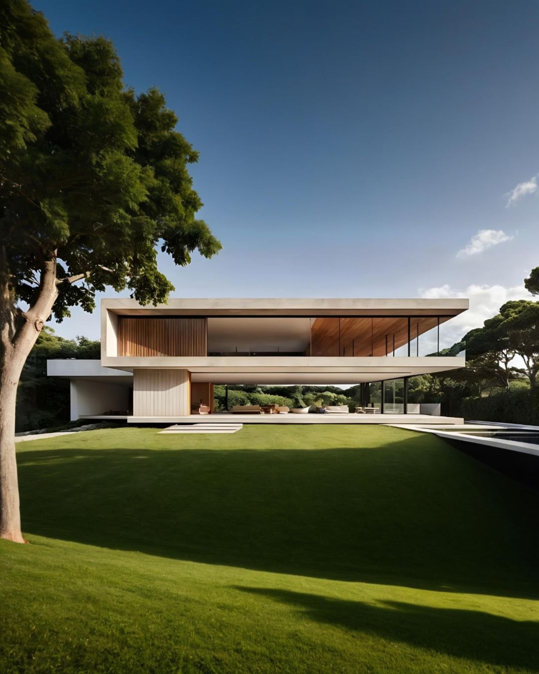 Residência de luxo moderna no Brasil com arquitetura minimalista, grandes janelas e paisagem verde.