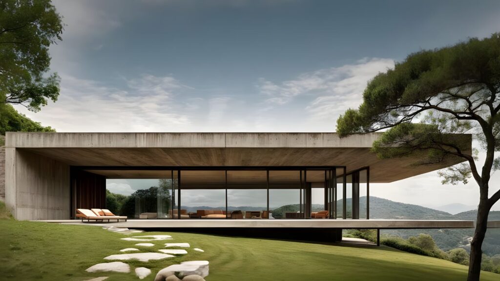 Arquitetura contemporânea brasileira: residência de alto padrão com design minimalista e vista para montanhas, destacando a harmonia entre a construção e a natureza.