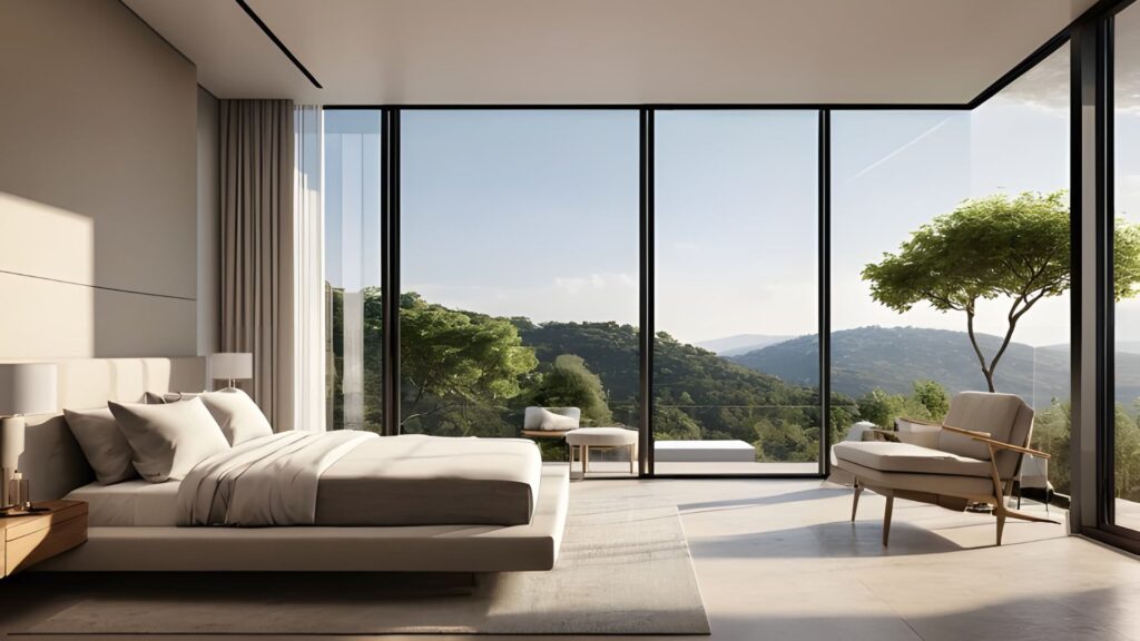 Design de interiores: suíte com cama king size, poltrona confortável e vista para a natureza, proporcionando um ambiente sofisticado e acolhedor.