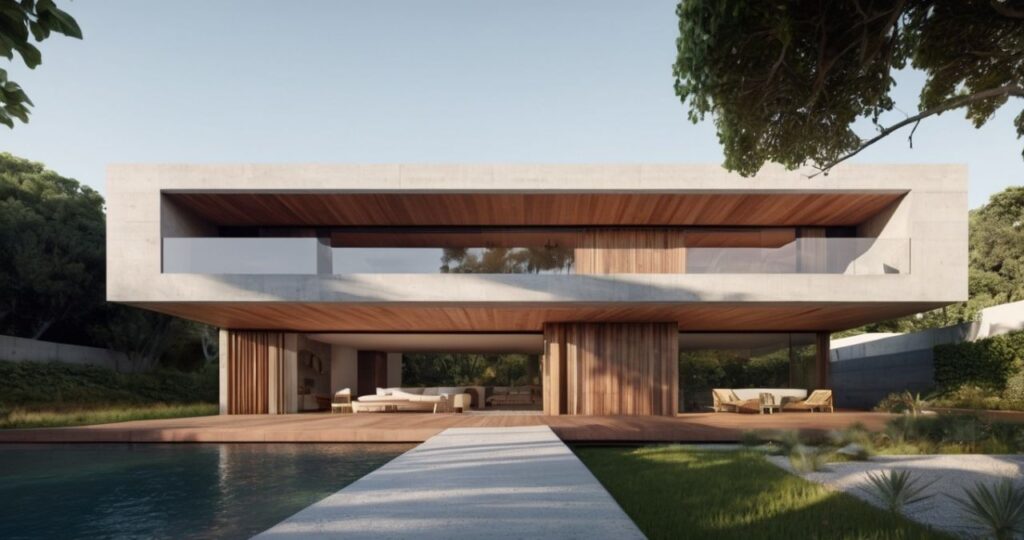 Casa moderna com design minimalista e elegante. A piscina, o deck de madeira e o paisagismo criam um ambiente perfeito para relaxar e desfrutar da natureza.