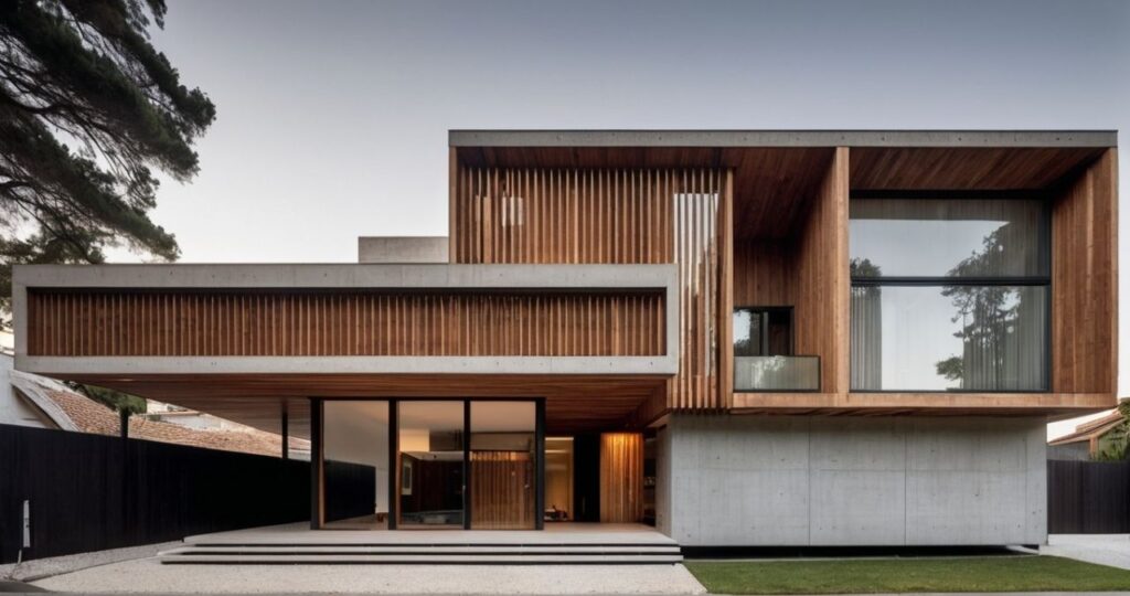 Casa moderna com design minimalista e elegante. A combinação de concreto e madeira cria um contraste visual marcante e um ambiente aconchegante.