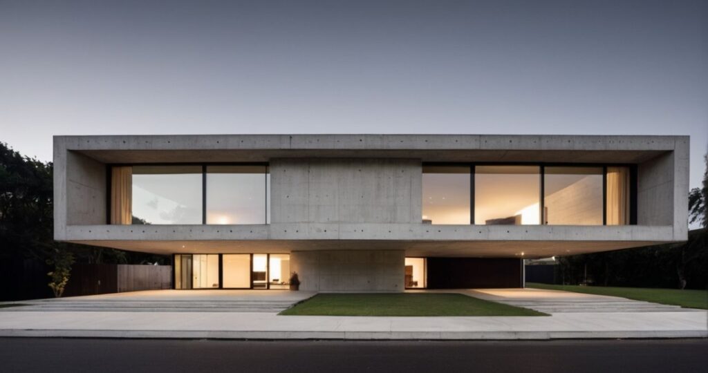 Residência moderna com fachada imponente e design minimalista. A combinação de concreto e vidro cria um contraste visual marcante. A casa se destaca pela sua arquitetura imponente e pela sua integração com o ambiente natural.