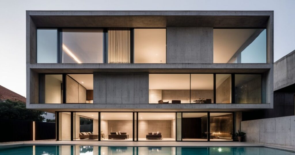 Fachada imponente de uma residência moderna, caracterizada pelo uso predominante de concreto aparente e grandes vãos de vidro. As linhas retas e os volumes puros conferem à casa um aspecto minimalista e elegante. A piscina e a área de estar externa completam o projeto, proporcionando um espaço de relaxamento e contemplação.