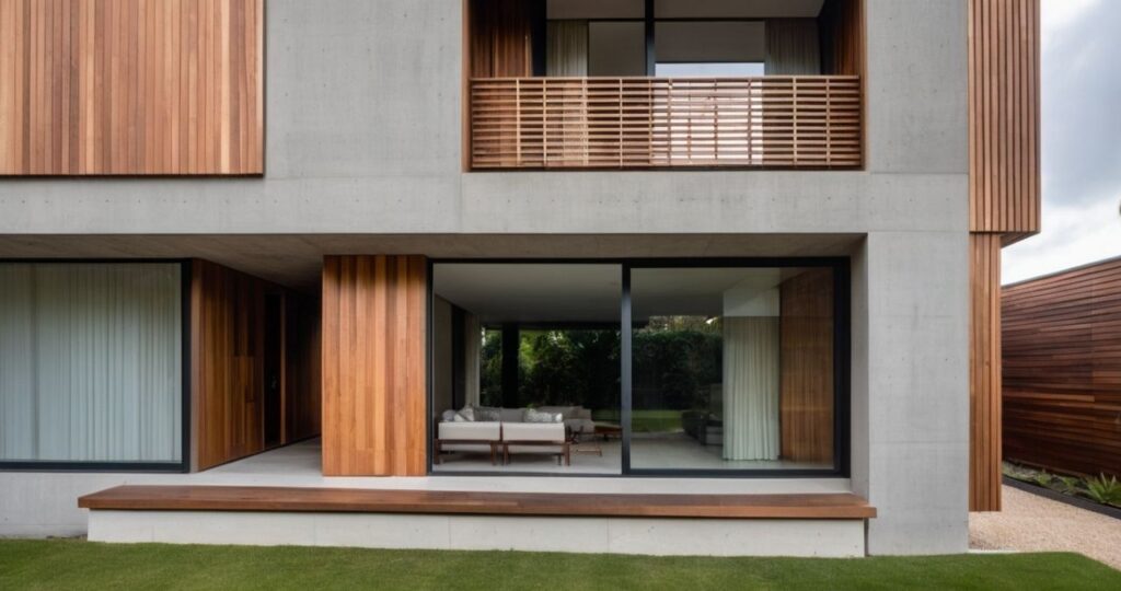 Detalhe da fachada de uma residência moderna que combina a calidez da madeira com a transparência do vidro, criando um ambiente sofisticado e conectado à natureza.