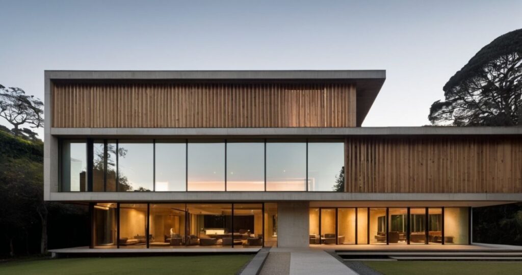 Uma casa moderna que combina a força do concreto com a beleza da madeira.