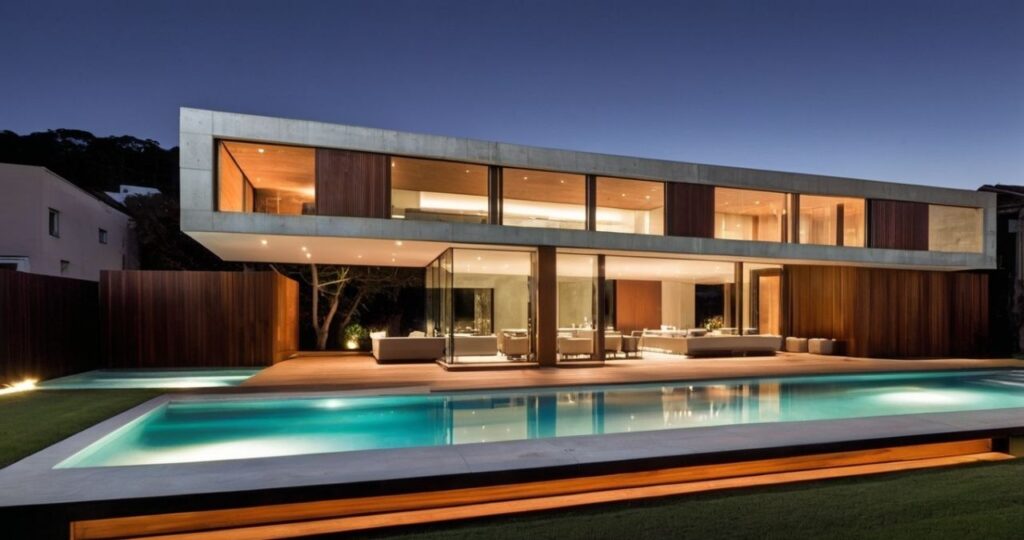 A piscina e o deck de madeira integram a casa ao exterior, criando um espaço de convívio elegante e moderno.