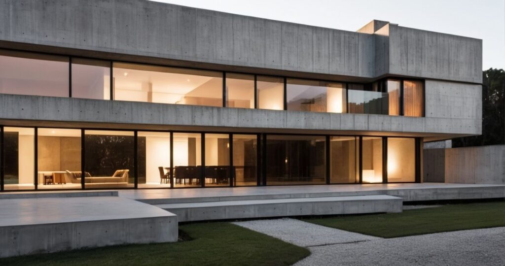 Residência moderna com fachada imponente e design minimalista. A combinação de concreto e vidro cria um contraste visual marcante. A ampla área externa convida ao relaxamento e à contemplação.