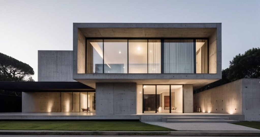 Residência moderna com fachada imponente e design minimalista. A combinação de concreto e vidro cria um contraste visual marcante. A iluminação externa valoriza a arquitetura e cria um ambiente sofisticado.