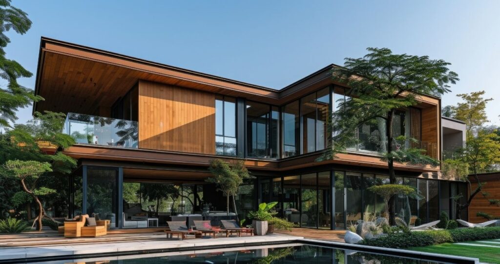 A arquitetura contemporânea, com linhas limpas e volumes puros, se integra perfeitamente à natureza ao redor.