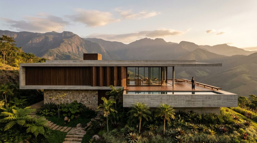 Casa contemporânea em terreno íngreme com laje de concreto em balanço, borda infinita de piscina, parede de pedra rústica e brises de madeira contra cenário de montanhas.