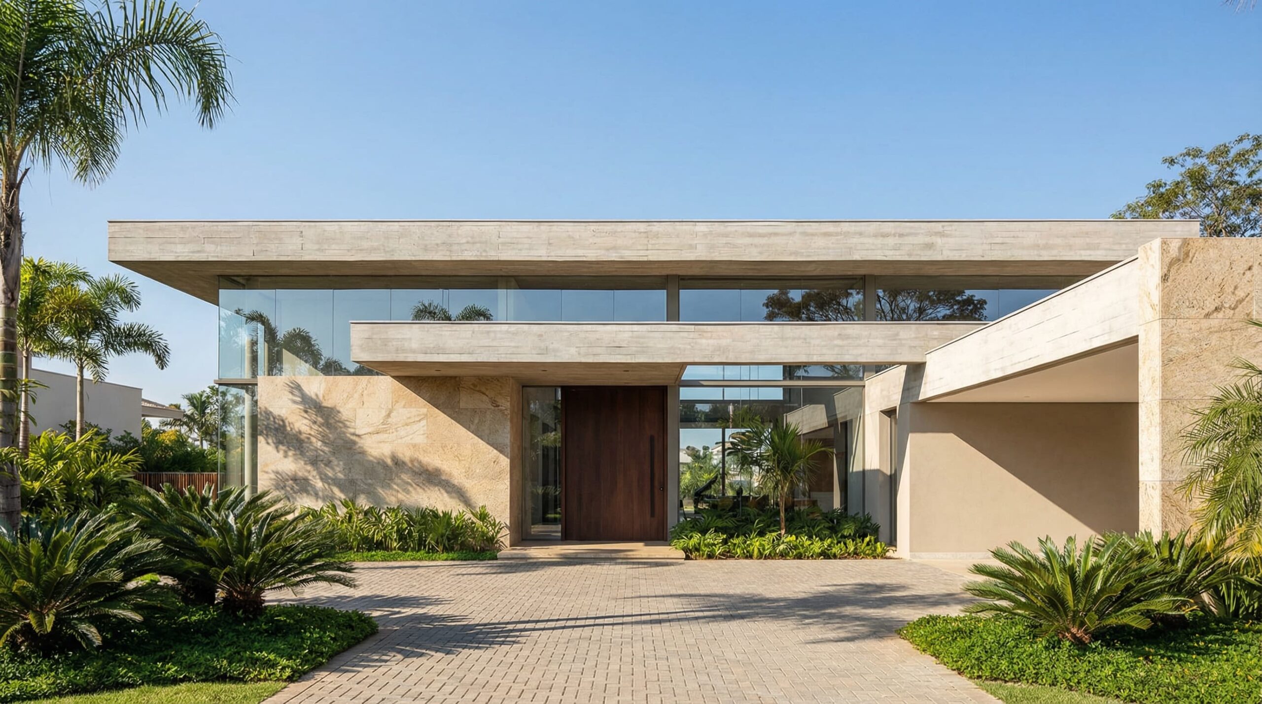 Fachada casa de alto padrão com volumetria horizontal em concreto aparente, paredes revestidas em pedra natural clara, porta monumental em madeira nobre e paisagismo tropical, projetada por Raphael Davila.