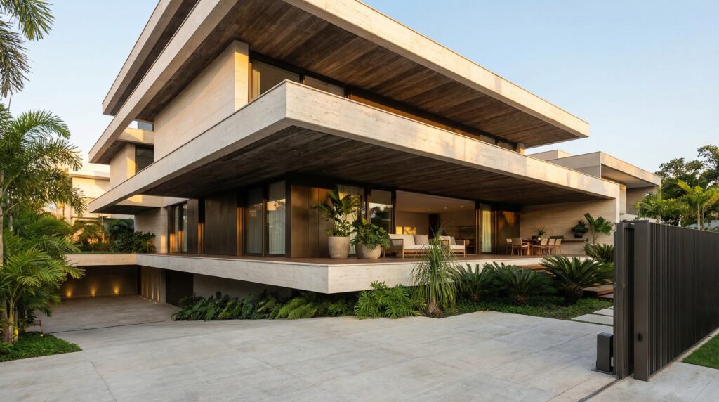 Arquitetura de alto padrão com grandes vãos livres em concreto aparente, brises de madeira, integração com piscina e paisagismo tropical, projeto de Raphael Davila.