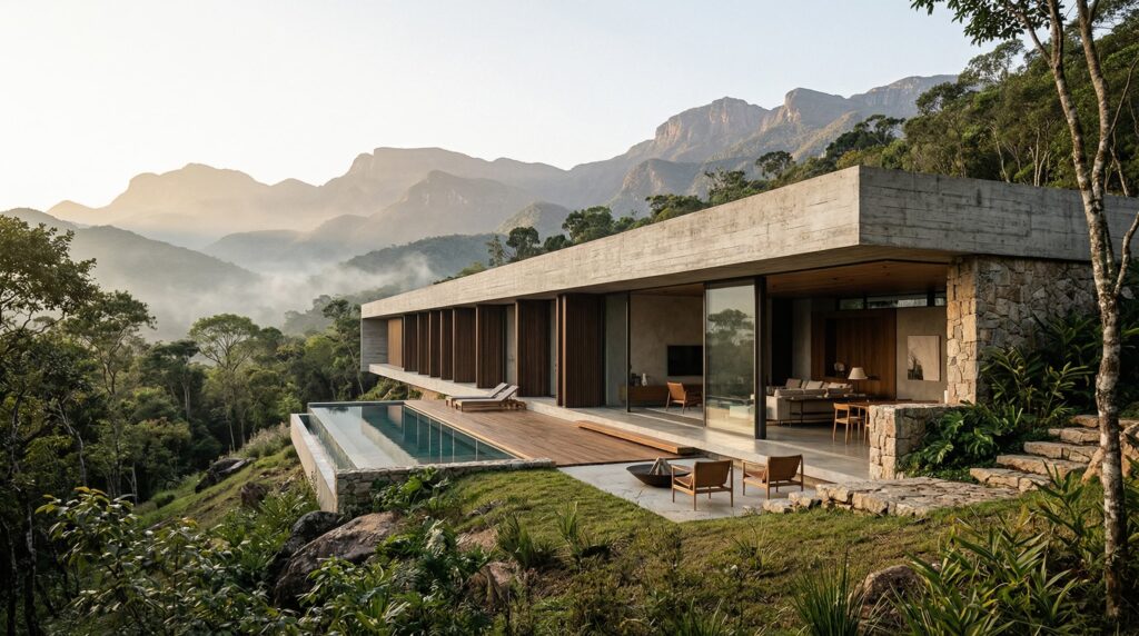 Fachada lateral de residência de luxo com laje plana em concreto aparente, piscina de borda infinita e integração com cenário de montanhas.