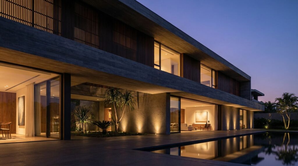 Arquitetura de alto padrão com residência iluminada ao anoitecer, grandes aberturas de vidro refletindo na piscina linear e forro em concreto aparente, projeto por Raphael Davila.