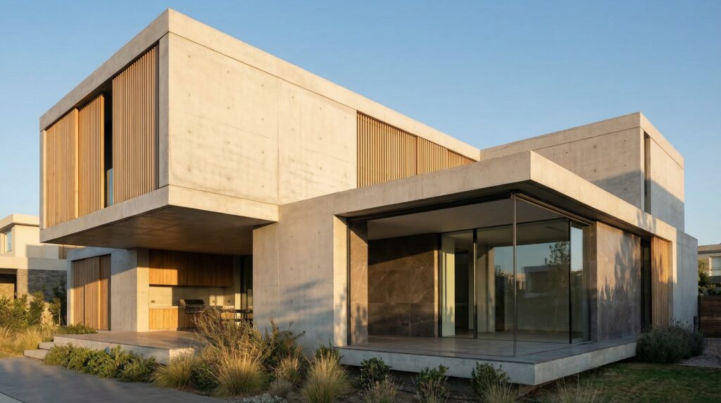 Fachada de casa moderna com volumes sobrepostos em concreto aparente, brises de madeira e grandes aberturas em vidro.
