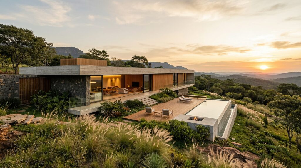 Fachada de residência de luxo ao entardecer com piscina de borda infinita, deck de madeira e lajes de concreto aparente projetada por arquiteto de alto padrão.
