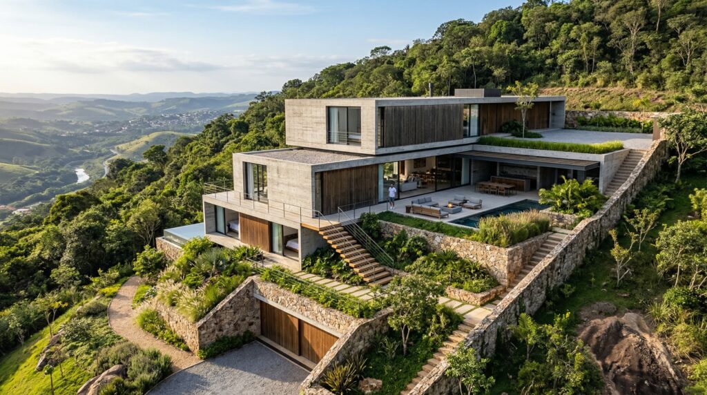 Vista aérea de fachada de luxo escalonada com volumes de concreto aparente, madeira e pedra natural integrada à encosta montanhosa, projetada por arquiteto de alto padrão.