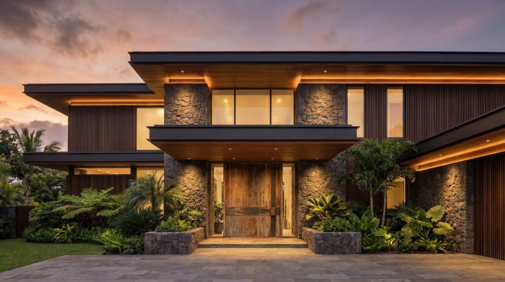 Fachada casa de luxo noturna com iluminação cênica de LED, paredes de pedra rústica escura, forro de madeira ripada e grandes aberturas de vidro, projeto por Raphael Davila.