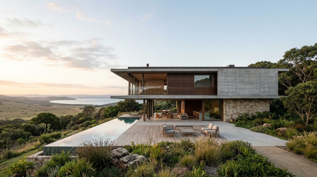 Fachada lateral de casa de luxo com piscina de borda infinita, deck de madeira e grandes vãos livres em concreto aparente, projetada por arquiteto de alto padrão.