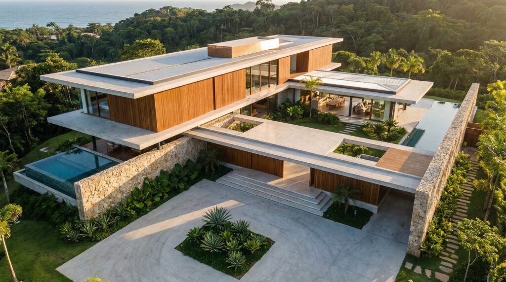 Vista aérea de arquitetura de alto padrão com residência em níveis, grandes coberturas em concreto, painéis de madeira, piscina de borda infinita e integração com a mata e o mar, projeto por Raphael Davila.