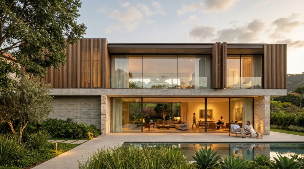 Fachada de luxo com dois pavimentos, grandes vãos de vidro, brises de madeira e iluminação interna acolhedora, projetada por arquiteto de alto padrão.