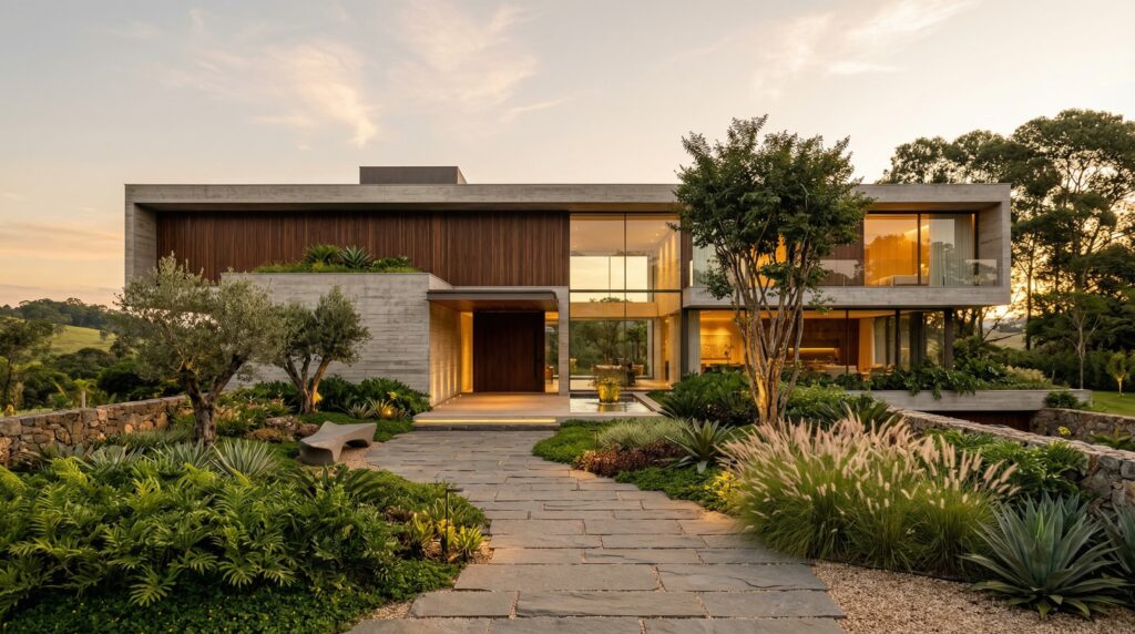 Entrada principal de residência de luxo com caminho de pedras naturais, jardim tropical, volumes em concreto aparente e painéis de madeira, projetada por arquiteto de alto padrão.