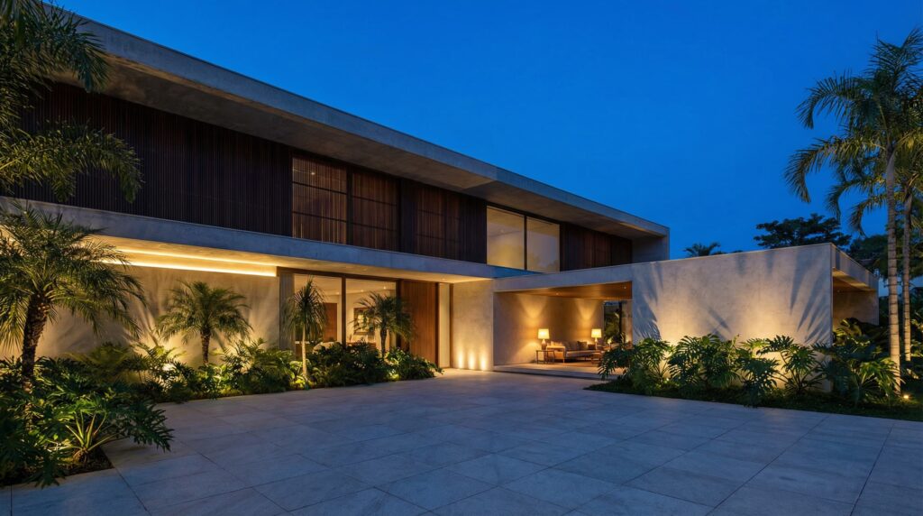 Fachada casa de alto padrão ao anoitecer com iluminação linear em LED, grandes planos de concreto aparente, brises de madeira e paisagismo tropical iluminado, projeto por Raphael Davila.