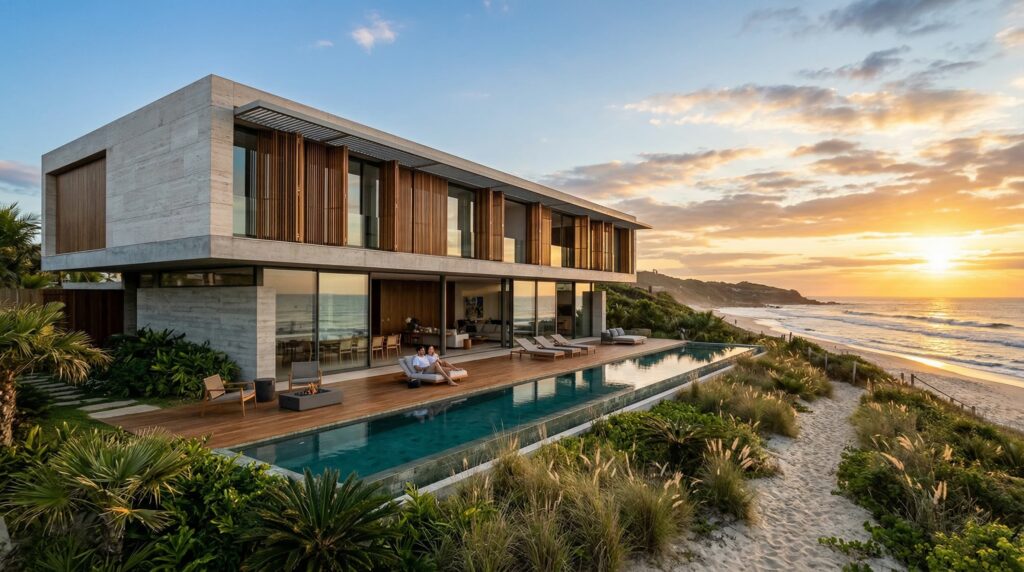 Fachada de luxo frente mar com piscina de raia, deck de madeira, brises verticais e estrutura em concreto aparente projetada por arquiteto de alto padrão.