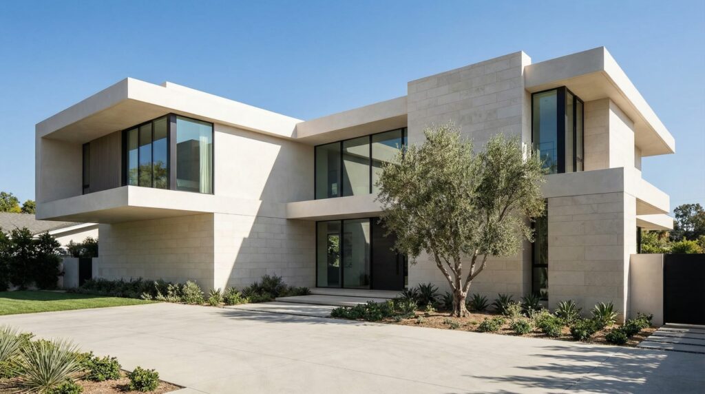 Arquitetura de alto padrão com fachada residencial de dois pavimentos, grandes blocos de pedra clara, beiral monumental em balanço sobre a entrada e esquadrias pretas minimalistas, projeto por Raphael Davila.