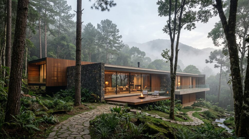 Fachada de luxo integrada à floresta com paredes de pedra bruta, brises de madeira, deck suspenso e grandes vãos de vidro, projetada por arquiteto de alto padrão.