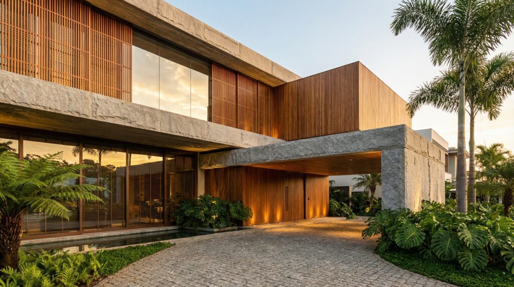 Casa de luxo contemporânea com fachada em grandes blocos de pedra natural bruta, painéis de madeira ripada, garagem coberta integrada e paisagismo tropical denso, projeto por Raphael Davila.