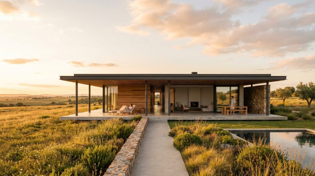 Fachada de residência de luxo linear com estrutura metálica delgada, deck de concreto, painéis de madeira e piscina integrada ao campo, projetada por arquiteto de alto padrão.