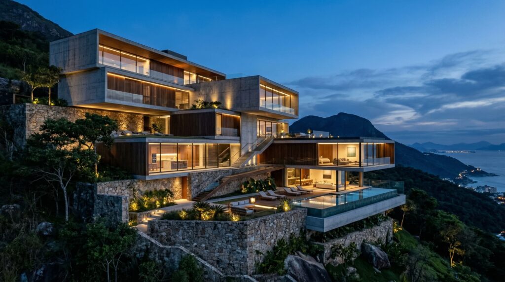 Fachada de luxo iluminada em encosta de montanha com vista para o mar, múltiplos volumes em concreto aparente, jardins suspensos e piscina de borda infinita, projetada por arquiteto de alto padrão.