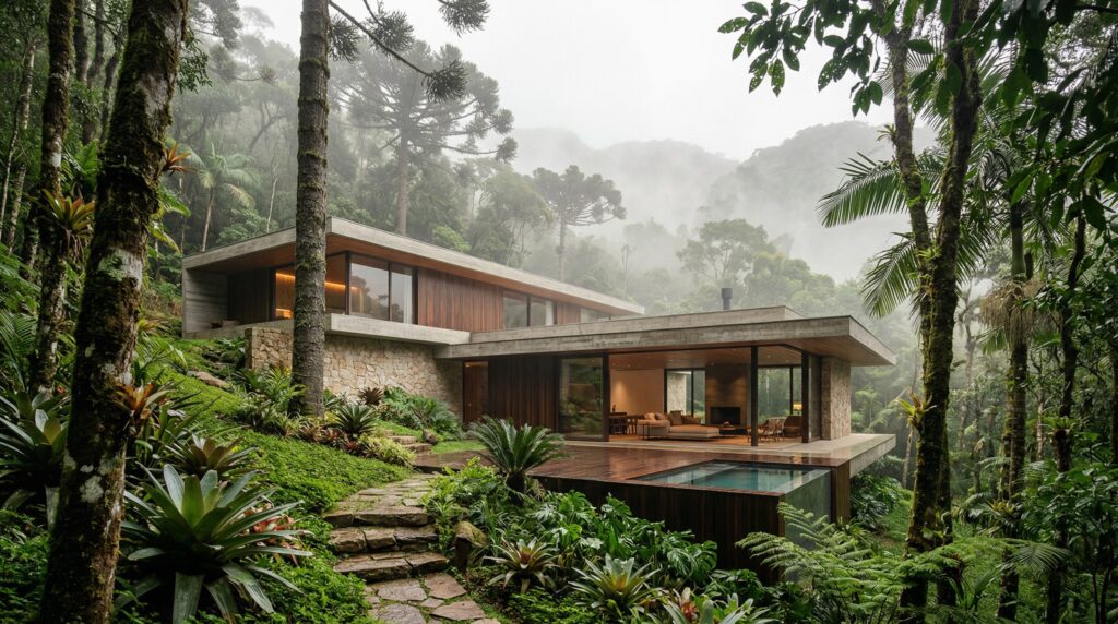 Fachada de luxo integrada à floresta tropical com deck de madeira, piscina de borda infinita, paredes de pedra e concreto aparente, projetada por arquiteto de alto padrão.