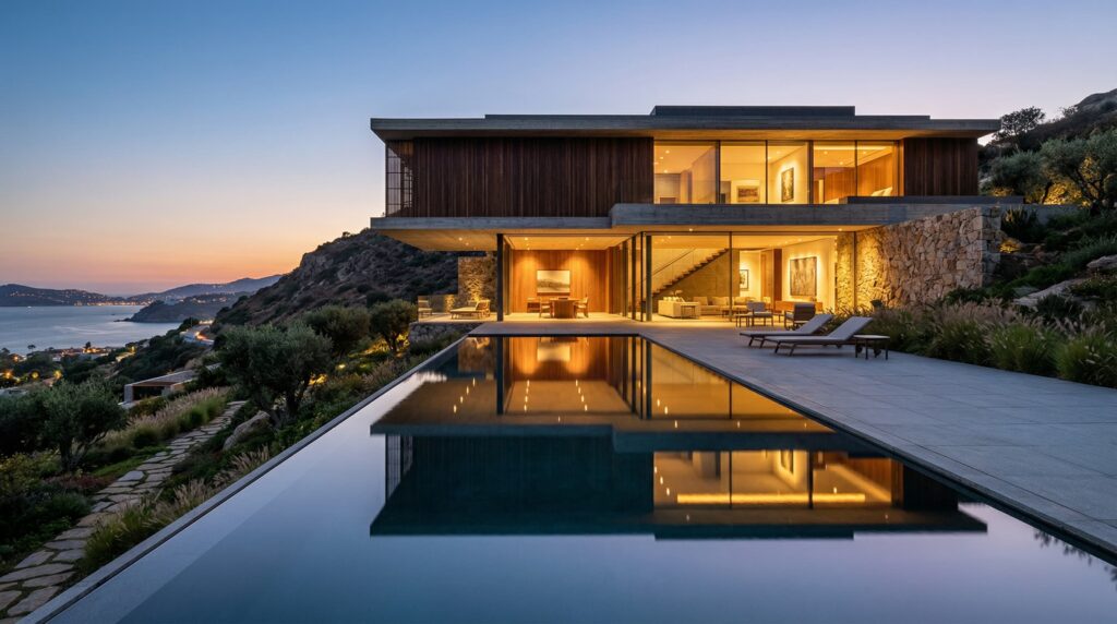 Fachada de luxo contemporânea com volumes em balanço, iluminação quente refletida em piscina de borda infinita frente ao mar, projetada por arquiteto de alto padrão.