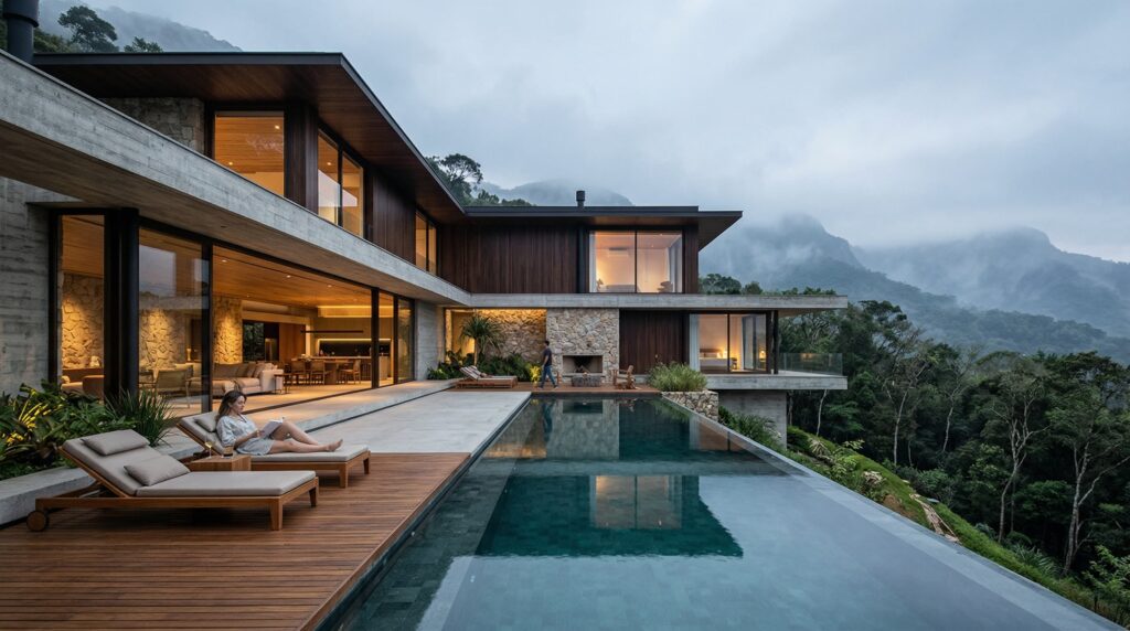 Fachada de luxo com dois níveis em concreto aparente e madeira, deck de madeira com espreguiçadeiras e piscina de borda infinita integrada à mata, projetada por arquiteto de alto padrão.