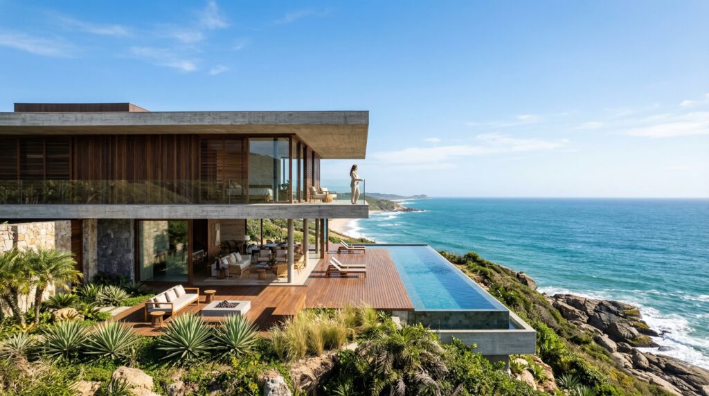 Residência de luxo à beira-mar com grande volume em balanço, deck de madeira suspenso, piscina de borda infinita e fachada em concreto e madeira, projetada por arquiteto de alto padrão.