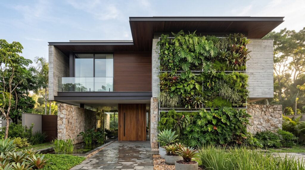 Fachada de luxo com dois pavimentos, grande parede verde vertical, brises de madeira, base de pedra rústica e espelho d'água na entrada, projetada por arquiteto de alto padrão.