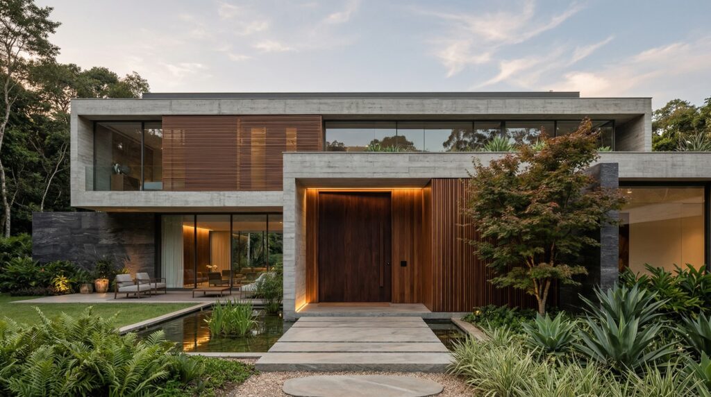 Fachada de luxo com porta monumental em madeira, brises metálicos, estrutura de concreto aparente e espelho d'água com caminho de pedras, projetada por arquiteto de alto padrão.