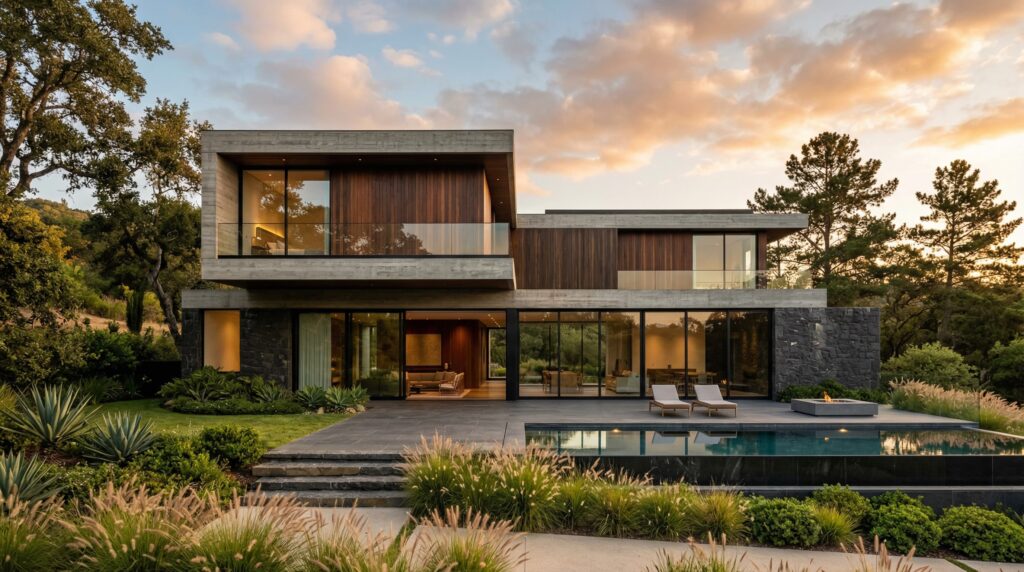 Fachada de luxo com dois pavimentos, volumes em concreto, revestimento de pedra preta, painéis de madeira ripada e piscina com deck, projetada por arquiteto de alto padrão.