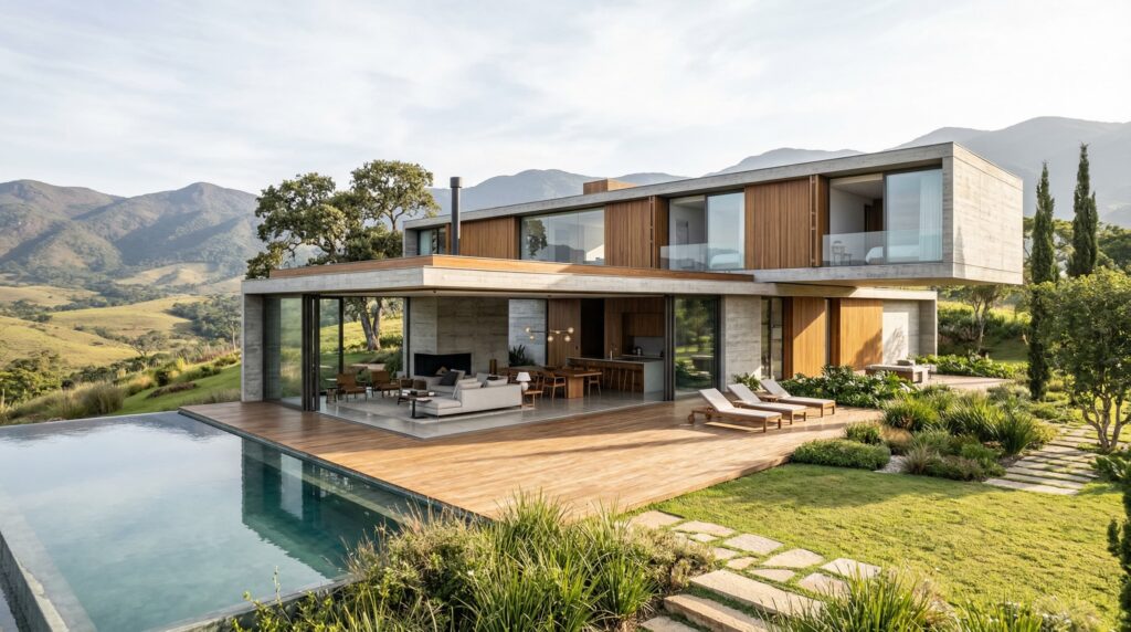 Fachada de luxo com dois pavimentos em concreto e madeira, área social integrada aberta para deck de madeira com piscina e vista para as montanhas, projetada por arquiteto de alto padrão.