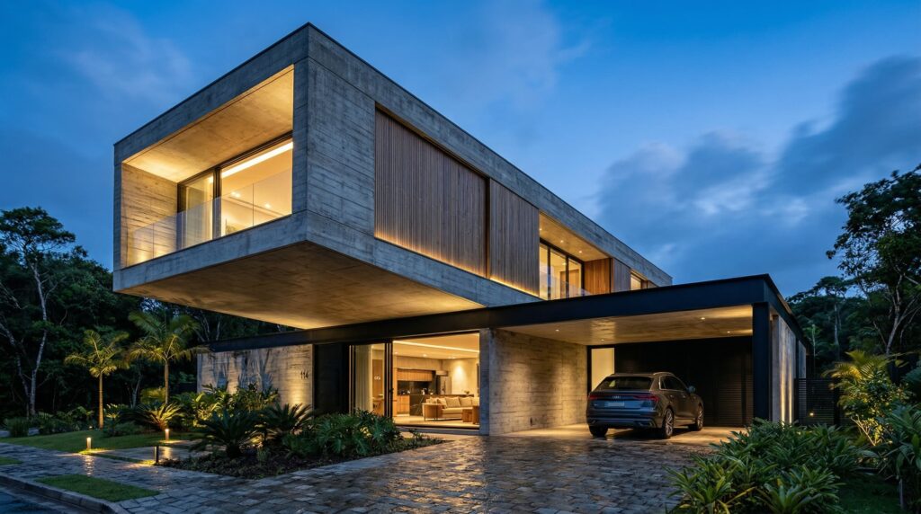Fachada de luxo noturna com grande volume de concreto em balanço sobre a garagem, iluminação linear quente, brises de madeira e paisagismo tropical, projetada por arquiteto de alto padrão.
