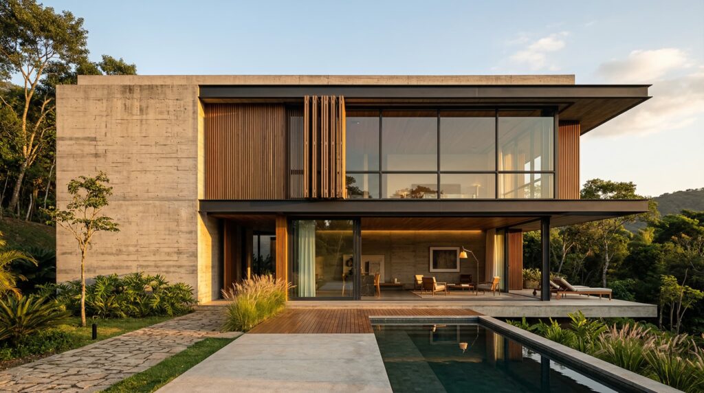 Residência de luxo com fachada em concreto aparente e brises de madeira, grandes vãos de vidro integrando sala e piscina, projetada por arquiteto de alto padrão.