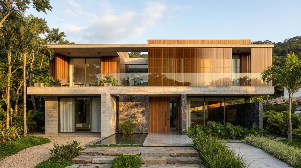 Fachada de luxo com dois pavimentos, revestimento em pedra natural escura, painéis de madeira ripada e grandes vãos de vidro, com paisagismo tropical e espelho d'água na entrada, projetada por arquiteto de alto padrão.