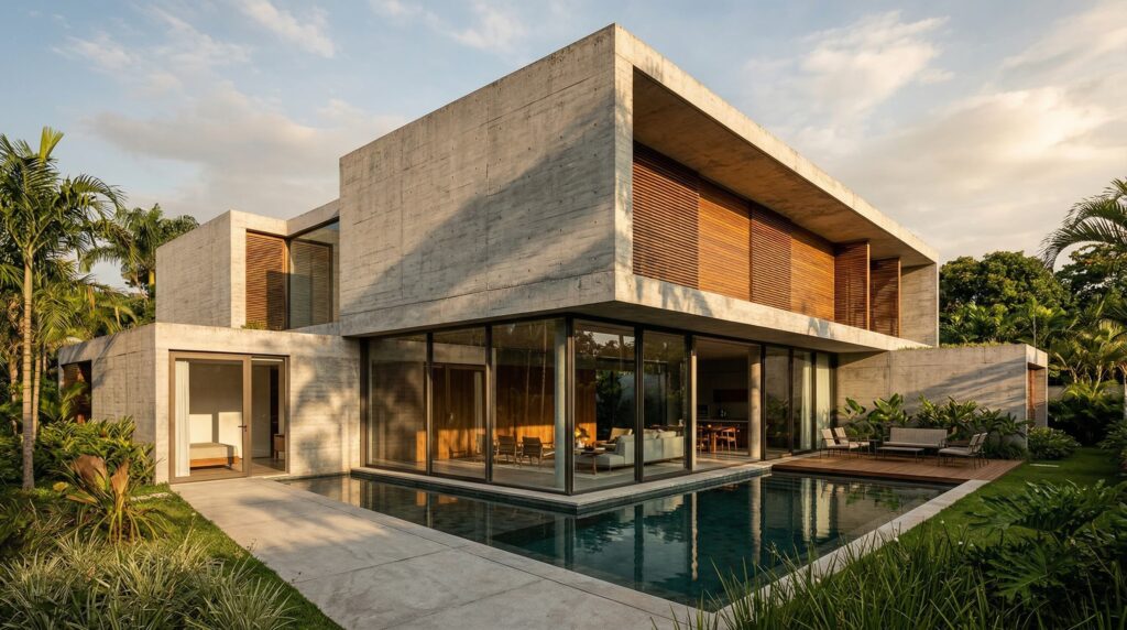 Fachada de luxo com volumes em concreto aparente, brises de madeira, grandes panos de vidro e piscina em L com espelho d'água, projetada por arquiteto de alto padrão.