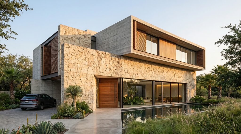 Fachada de luxo com volumes sobrepostos, grande parede em pedra natural bruta, pavimento superior em concreto aparente e brises de madeira, com espelho d'água na entrada, projetada por arquiteto de alto padrão.