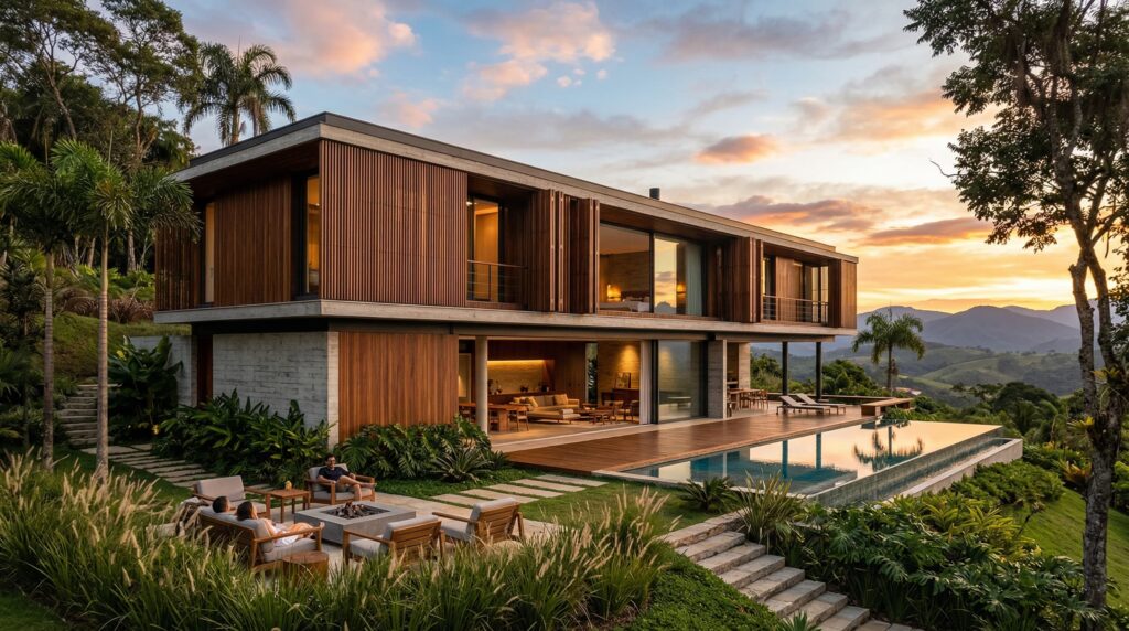 Residência de luxo com dois pavimentos em madeira e concreto, deck com fogo de chão e área de lazer integrada à piscina com borda infinita, vista para montanhas ao entardecer, projetada por arquiteto de alto padrão.