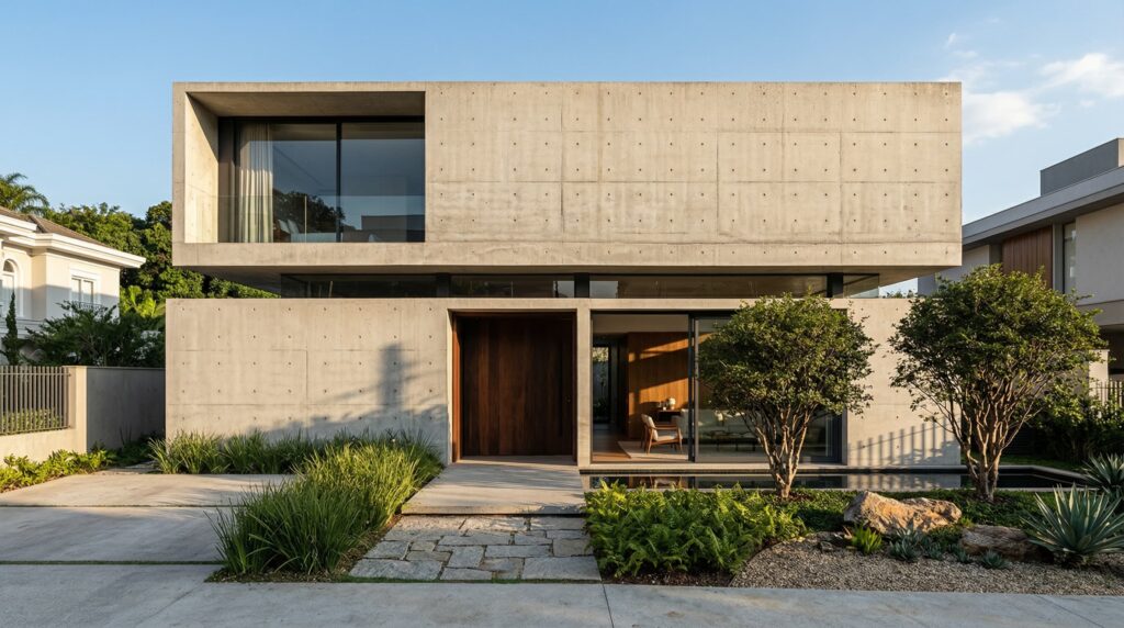 Fachada residencial minimalista com volumes em concreto aparente, grande porta de entrada em madeira nobre, espelho d'água e paisagismo com plantas ornamentais, projetada por arquiteto de alto padrão.