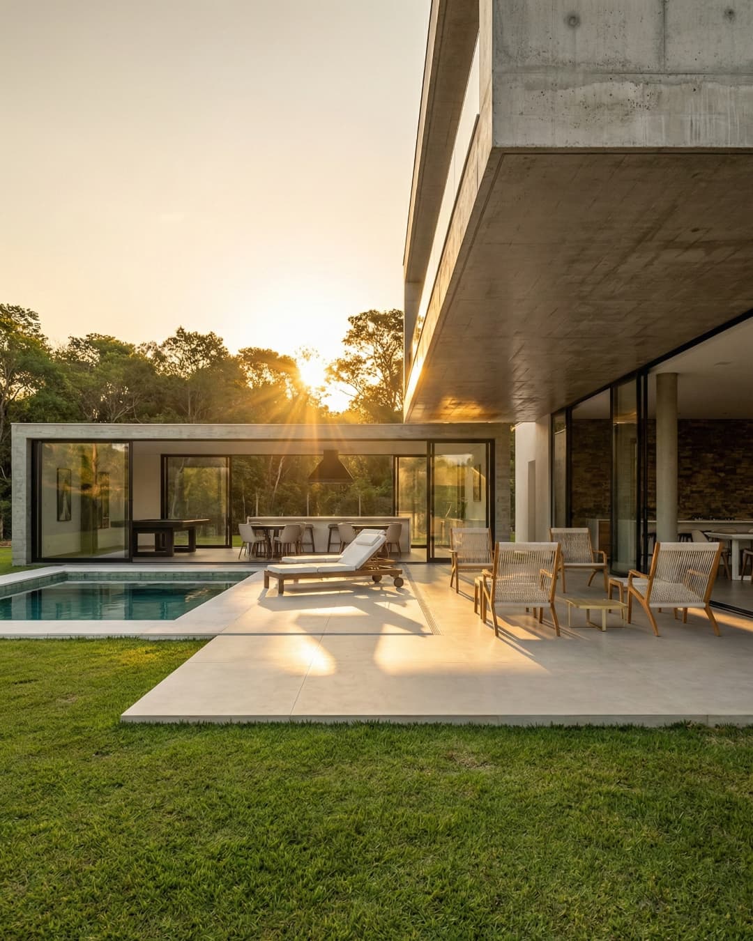 Área de lazer de casa de alto padrão com piscina, varanda gourmet e arquitetura contemporânea integrada à natureza