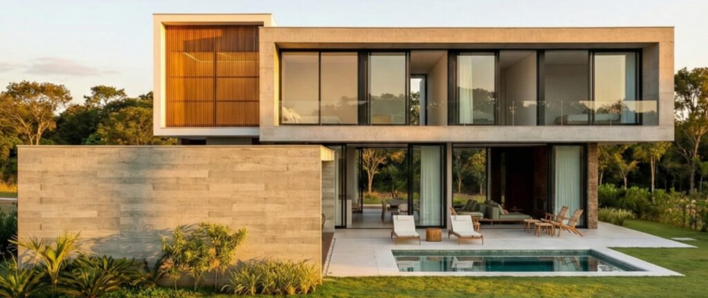 Fachada residencial de luxo com dois pavimentos, estrutura em concreto aparente, grandes panos de vidro, painéis ripados de madeira e área de lazer com piscina, projetada por arquiteto de alto padrão.